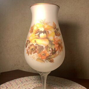 Vintage Frosted Glass Swirled Stem Pedestal Vase Fall Colors Gold Rim 10.75"